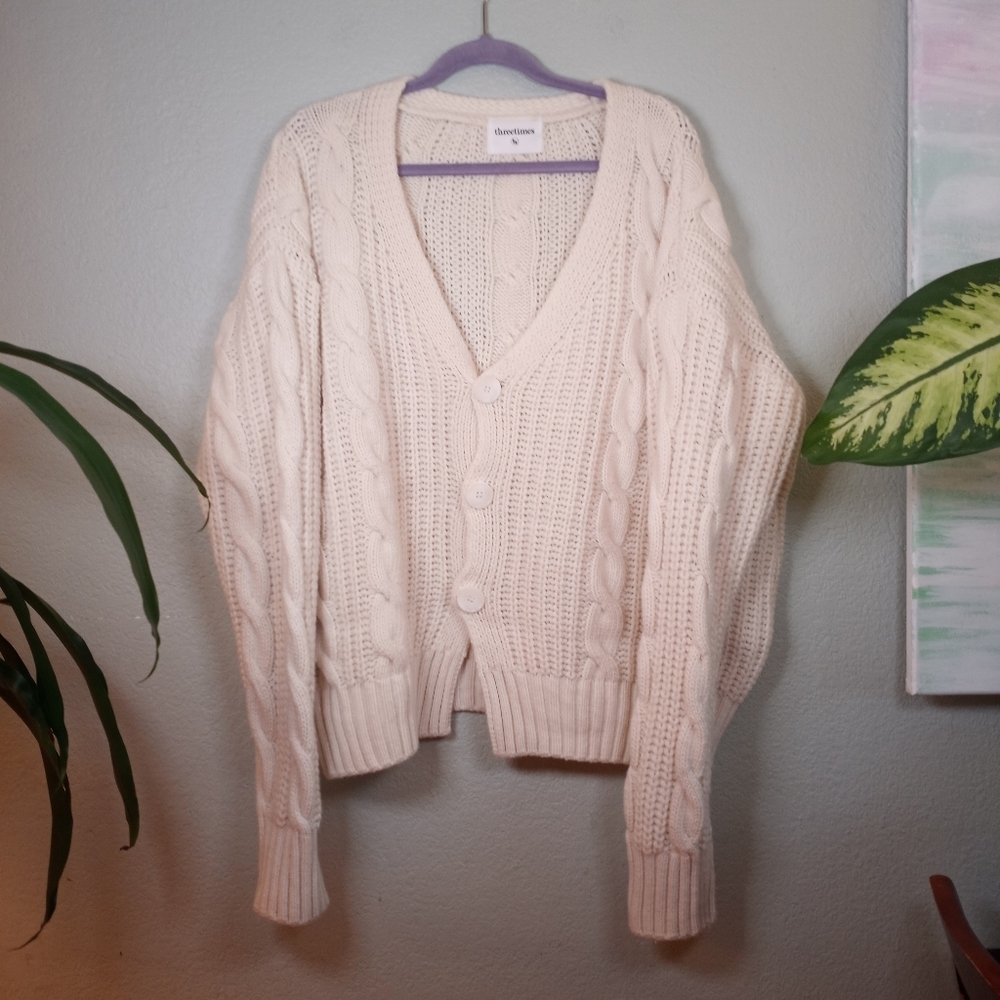 Three Times Cashmere Fine Wool Cable Knit Fisherman White Cardigan XL